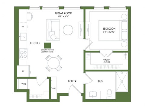 Floor plan for 1 bed, 1 bath, 637 sqft